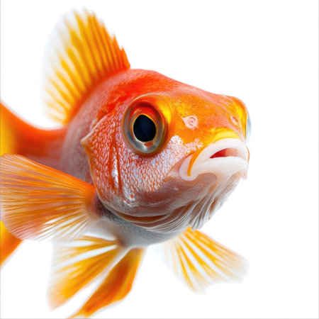 A stunning goldfish showcasing its vibrant orange color and graceful fins against a pure white background. This image captures the essence of aquatic life and the beauty of underwater creatures. Perfect for pet lovers and nature enthusiasts alike.の素材