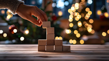 A hand carefully places wooden blocks in a creative arrangement on a rustic wooden table, accompanied by sparkling Christmas lights in the background, evoking a warm holiday spirit.の素材