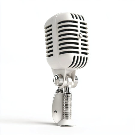 This image features a vintage microphone elegantly positioned against a clean white background. The unique design highlights classic elements suitable for music, performance, and broadcasting themes.の素材