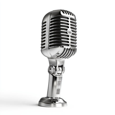 This image features a vintage chrome microphone on a clean white background, perfect for music and voice recording projects, showcasing timeless design and craftsmanship.の素材