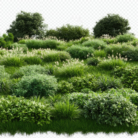 This vibrant green landscape showcases a variety of grasses and foliage, creating a serene and lush outdoor environment perfect for nature enthusiasts.の素材