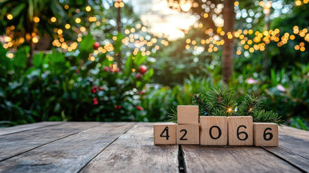A serene and inviting image of wooden blocks displaying numbers surrounded by lush greenery and soft fairy lights, perfect for seasonal themes.の素材