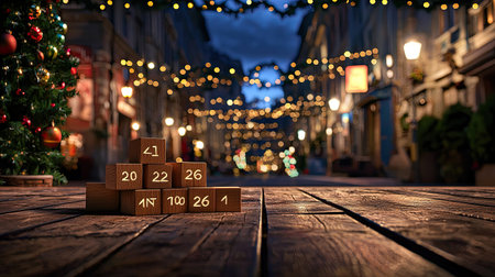 A charming festive street scene featuring wooden blocks arranged with seasonal numbers. Soft lights twinkle in the background, creating a cozy, inviting atmosphere.の素材
