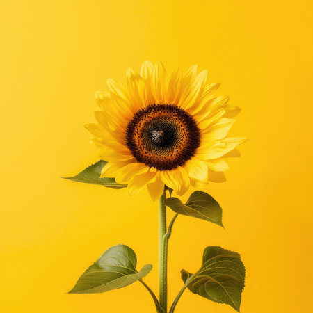 A stunning close-up of a vibrant sunflower with a vivid yellow background, symbolizing summer, joy, and the beauty of nature. Perfect for seasonal themes.の素材
