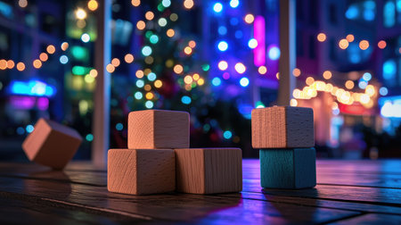 A serene arrangement of colorful wooden blocks set on a wooden surface with a blurred background of vibrant lights, creating an inviting atmosphere.の素材
