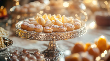 A beautifully arranged selection of assorted pastries on a silver tray, perfect for festive gatherings, celebrations, and gourmet events. The details and textures create an inviting atmosphere.の素材
