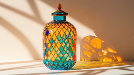 A vibrant glass jar features intricate patterns, reflecting sunlight and casting beautiful shadows, enhancing any artistic home decor with its unique charm.の素材