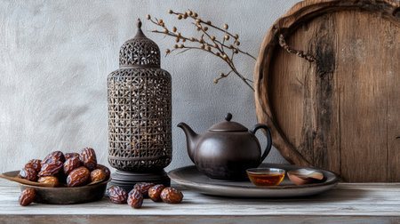 A charming still life featuring a teapot, dates, and an ornate lantern on a rustic table, creating a warm and inviting atmosphere ideal for dining or decor.の素材