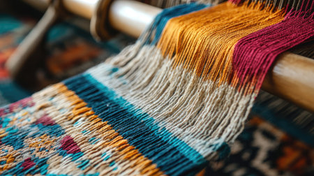 Explore the vibrant colors and intricate textures of threads on a weaving loom, showcasing the artistry and skill involved in textile creation.の素材