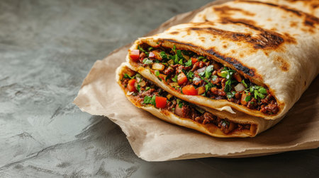 A mouthwatering wrap filled with seasoned meat and fresh vegetables, perfect for any meal. Ideal for lunch or dinner with a savory flavor.の素材