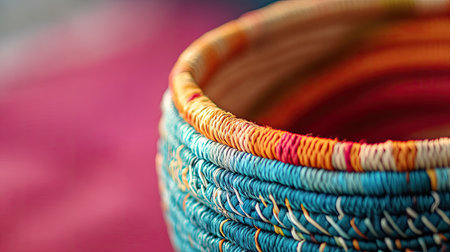 Close-up of a beautifully woven, colorful basket, showcasing intricate designs and textures. Perfect for art enthusiasts and crafting inspiration.の素材