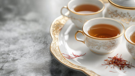 A beautifully arranged tea service featuring delicate porcelain cups and a touch of saffron, perfect for afternoon gatherings and elegant occasions.の素材