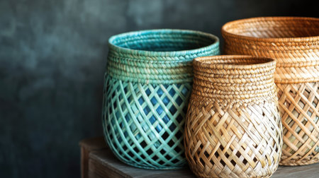 A collection of beautifully woven baskets in vibrant colors and natural materials, perfect for adding texture and charm to any interior space.の素材