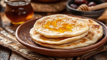 A mouthwatering image of golden flatbread drizzled with honey and syrup, set on a rustic wooden table, perfect for any meal or snack.の素材