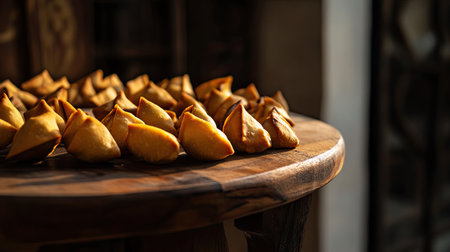 A captivating display of golden pastries arranged neatly on a wooden table. These delicious treats are perfect for any culinary enthusiast or gourmet event.の素材