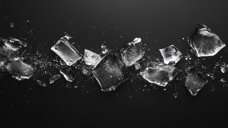 This striking image features shattered ice cubes against a black background, showcasing the beauty of frozen elements and their dynamic motion.の素材