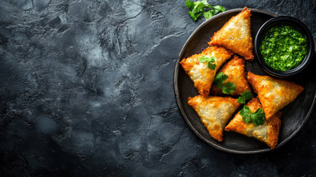 A delicious plate of crispy golden samosas paired with vibrant green chutney, perfect as a savory snack or appetizer for any gathering.の素材