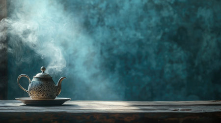 A beautifully crafted tea kettle exuding steam on a rustic wooden table, creating a serene atmosphere perfect for enjoying a warm drink.の素材