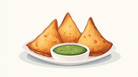 A plate of golden crispy samosas served with a vibrant green sauce. Perfect for appetizers or snacks, these savory treats are a culinary delight.の素材