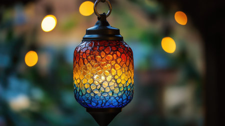 A stunning colorful glass lantern illuminated against a warm bokeh background, creating an inviting and cozy atmosphere perfect for any space.の素材