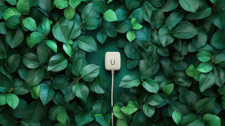 A serene scene featuring lush green leaves surrounding a modern plugged-in device, symbolizing the connection between nature and technology in a vibrant way.の素材