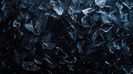 A captivating view of dark ice fragments scattered across a black background, showcasing crystal textures and cool reflections. Perfect for design use.の素材