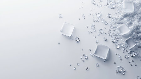 A minimalist arrangement of clear ice cubes and water droplets on a smooth surface, creating a refreshing and cool composition for various projects.の素材