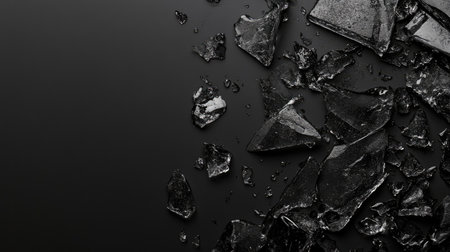 Explore the intricate details of shattered glass pieces scattered on a dark surface. This captivating image evokes a sense of elegance and artistry.の素材