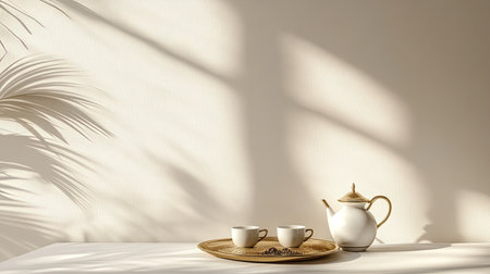 This serene still life features a minimalist tea setup with cups and a teapot, bathed in warm sunlight and soft shadows, perfect for a calming atmosphere.の素材