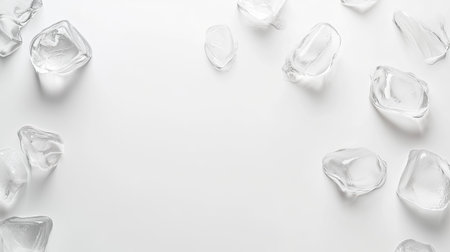 A collection of clear ice cubes scattered elegantly on a pure white background. Ideal for beverage-related themes and minimalistic decor concepts.の素材