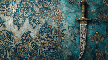 An elegant dagger rests against a richly textured background, showcasing ornate patterns in blue and gold, perfect for themes of craftsmanship and heritage.の素材