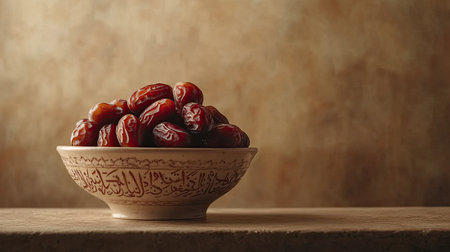 A beautifully arranged still life of dates in a decorative bowl, highlighting their rich color and texture against a warm, artistic backdrop. Perfect for food photography.の素材