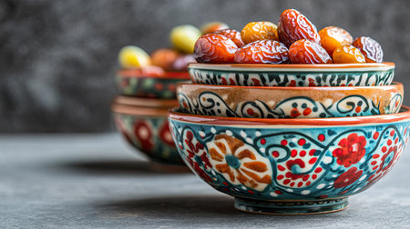 A visually striking arrangement of decorative bowls filled with vibrant fruits, showcasing artistic design and traditional craftsmanship, perfect for culinary displays.の素材