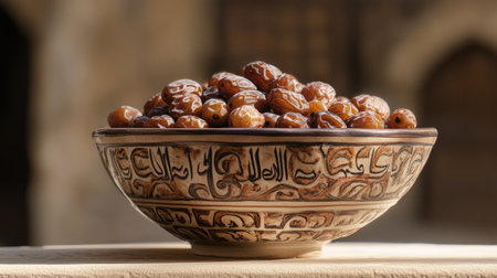 A beautifully decorated bowl overflowing with fresh dates captures the essence of traditional cuisine, showcasing rich textures and vibrant natural colors.の素材