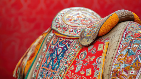 This beautiful saddle features intricate embroidery with vivid colors, showcasing the artistry and craftsmanship of traditional textile design. Perfect for equestrian enthusiasts.の素材
