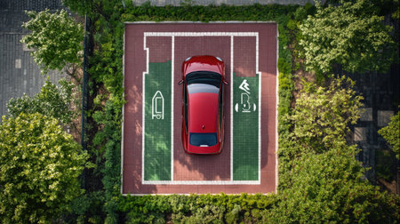 Aerial view of a red car parked in a uniquely designed space surrounded by greenery, showcasing modern urban planning and artful design.の素材