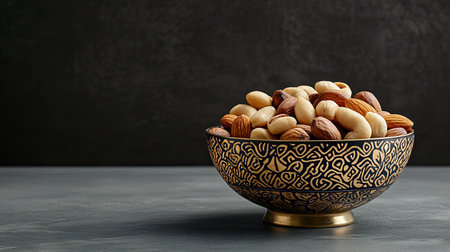 This beautiful still life features a decorative bowl of assorted nuts, highlighted against a dark surface, showcasing texture and elegance in food presentation.の素材