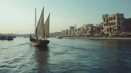 A traditional boat gracefully sails along a serene waterfront, surrounded by historic architecture and a scenic city skyline under a clear sky.の素材