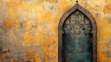 An artistic ornate arch design with a rich golden background highlights intricate patterns and textures, perfect for showcasing cultural heritage and elegance.の素材