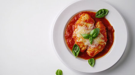 A visually appealing plate of chicken topped with melted cheese and a fresh tomato basil sauce, perfect for showcasing gourmet cuisine.の素材