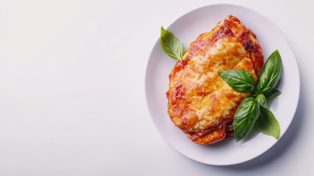 A mouthwatering cheese dish garnished with fresh basil, served on a white plate. Perfect for dining or culinary presentations, showcasing vibrant flavors.の素材