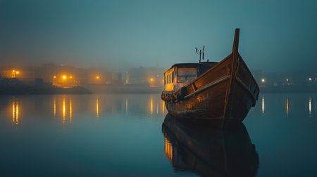 An atmospheric scene featuring a boat anchored in calm water surrounded by fog. The soft glow of city lights reflects beautifully on the surface.の素材