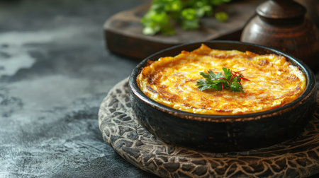 A beautifully baked egg dish, garnished with fresh herbs, set on a rustic surface. Perfect for brunch or a cozy breakfast, this dish offers rich flavors.の素材
