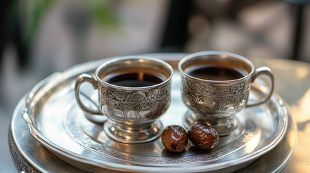 Capture the essence of tradition with this elegant silver tea set, featuring cups and dates on a beautifully designed tray, ideal for social gatherings.の素材