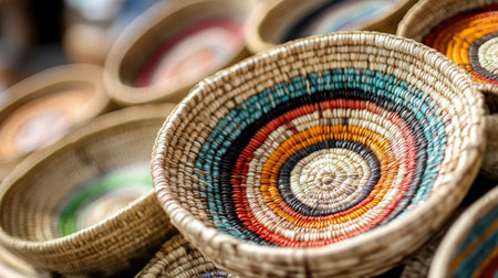 A vibrant collection of handcrafted baskets showcasing intricate patterns and colors, perfect for decoration or storage in any setting.の素材