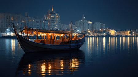 A tranquil nighttime scene showcasing a wooden boat gently floating on water, surrounded by a beautifully illuminated city skyline.の素材
