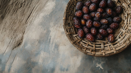 A woven basket filled with fresh dates resting on a rustic surface, showcasing the natural beauty and rich textures of this healthy fruit. Perfect for culinary inspiration.の素材