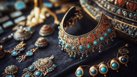 A stunning display of vintage jewelry featuring intricate designs and vibrant turquoise accents. Perfect for showcasing craftsmanship and elegance.の素材