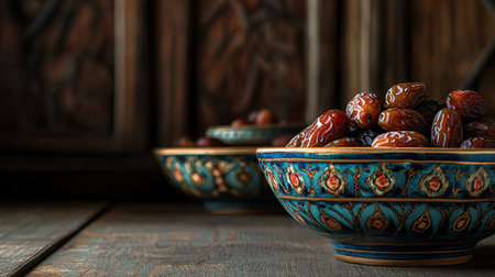 Discover a captivating still life of ornate bowls filled with dates, set against a rustic wooden background, celebrating tradition and vibrant design.の素材