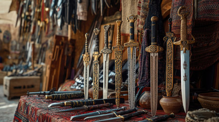 Discover an exquisite display of decorative swords, showcasing intricate designs and rich craftsmanship. Perfect for cultural exhibitions or artistic decor.の素材